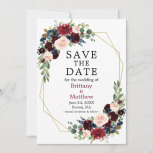 Save The Date Aquarelle Burgundy Blue Floral Geo Frame