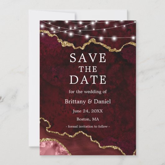 Save The Date Aquarelle Burgundy Gold Marble Lumières (Devant)