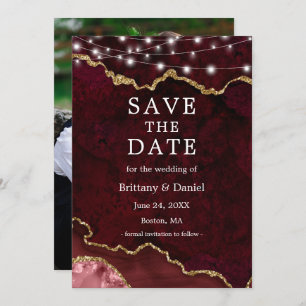 Save The Date Aquarelle Burgundy Marble Geode Lumières Photo