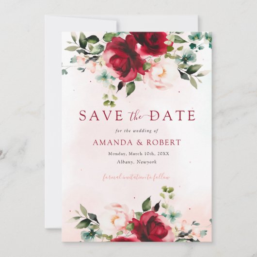 Save The Date Aquarelle Burgundy moderne Mariage Floral (Devant)