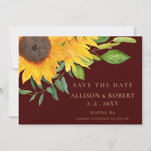 Save The Date Aquarelle Burgundy Tournesol Rustique Mariage (Devant)