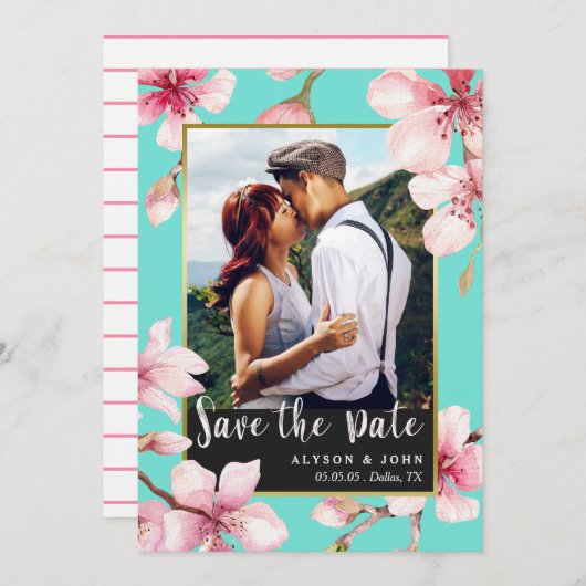 Save The Date Aquarelle Cherry Blossom Photo Enregistrer la date (Devant / Derrière)