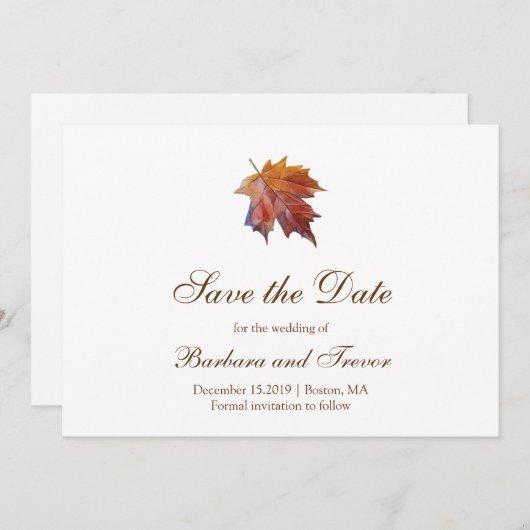 Save The Date Aquarelle chute feuille Elegant Mariage de automne (Devant / Derrière)