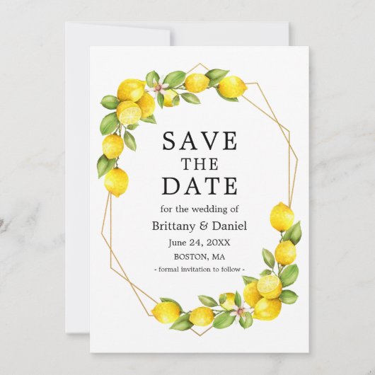 Save The Date Aquarelle Citrons Verdure Gold Geo Frame (Devant)