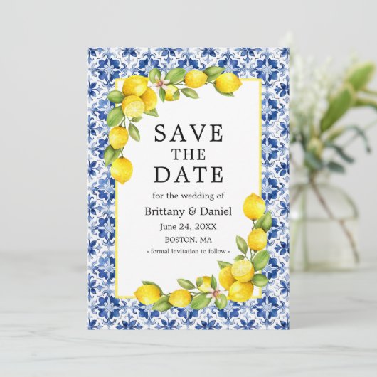 Save The Date Aquarelle Citrons Vert Carrelage Bleu (Debout devant)