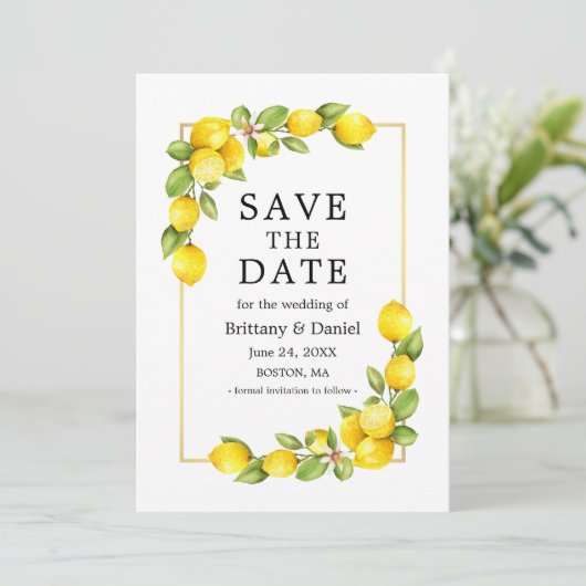 Save The Date Aquarelle Citrons Vert Or Frame Jaune (Debout devant)