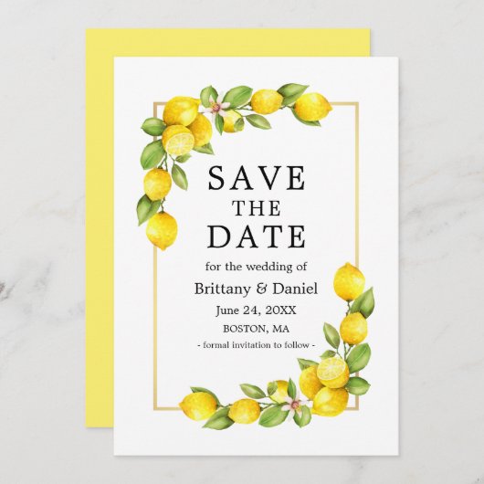 Save The Date Aquarelle Citrons Vert Or Frame Jaune (Devant / Derrière)