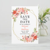 Save The Date Aquarelle Coral Rose Floral Gold Geo Frame (Debout devant)