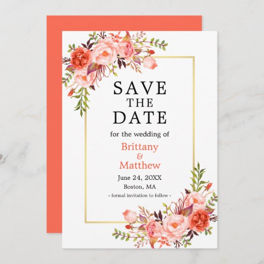 Save The Date Aquarelle Coral Roses Floral Enregistrer La Date (Devant / Derrière)