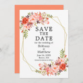 Save The Date Aquarelle Coral Roses Geo Frame (Devant / Derrière)