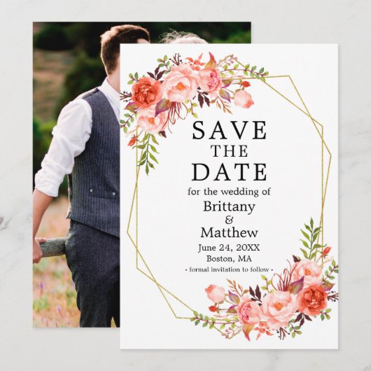 Save The Date Aquarelle Coral Roses Photo Geo Frame (Devant / Derrière)