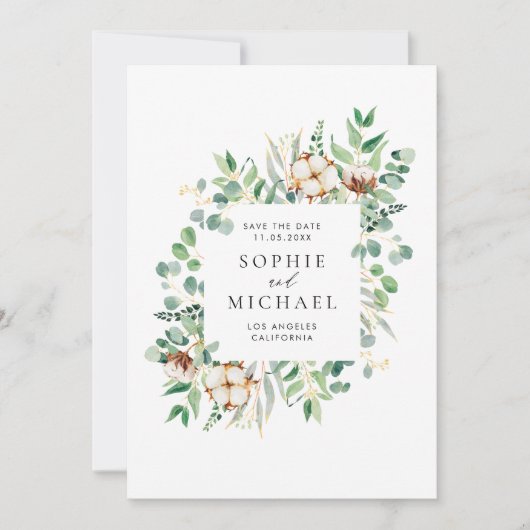 Save The Date Aquarelle Coton et Eucalyptus Verdure Feuille (Devant)