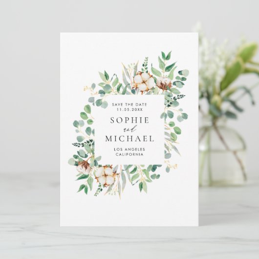 Save The Date Aquarelle Coton et Eucalyptus Verdure Feuille (Debout devant)