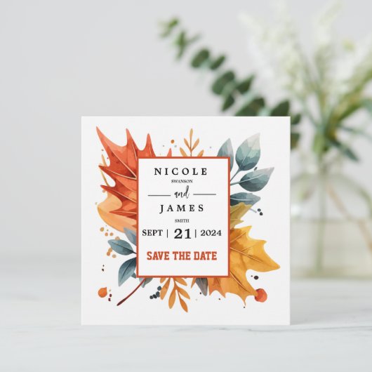 Save The Date Aquarelle Couleurs d'Automne Feuilles (Debout devant)