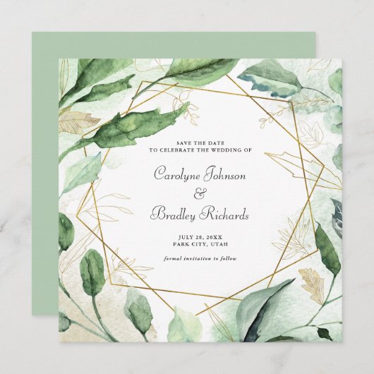 Save The Date Aquarelle de cadre géométrique Vert (Devant / Derrière)