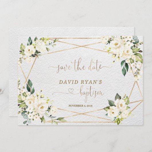 Save The Date Aquarelle de charme Bleu Floral Or Baptême (Devant / Derrière)