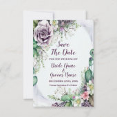 Save The Date Aquarelle de feuillage vert mariage violet (Devant)