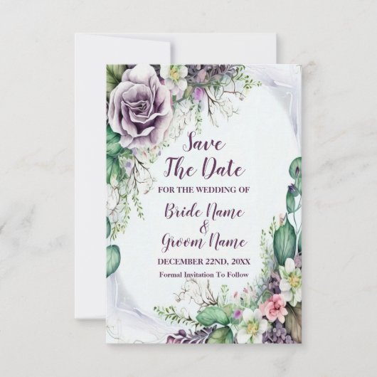 Save The Date Aquarelle de feuillage vert mariage violet (Devant)