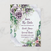 Save The Date Aquarelle de feuillage vert mariage violet (Devant / Derrière)
