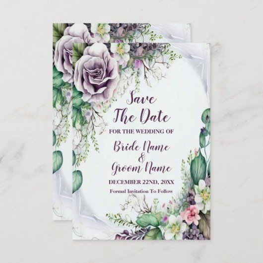 Save The Date Aquarelle de feuillage vert mariage violet (Devant / Derrière)