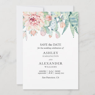 Save The Date Aquarelle de succulents floraux. Cactus vert et bl