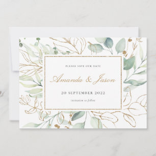 Save The Date Aquarelle de verdure Eucalyptus Fonte d'or rustiqu