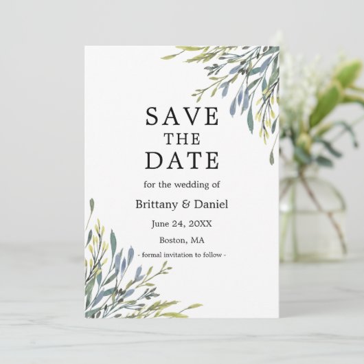 Save The Date Aquarelle délicate Botanique Verdure Dusty Blue (Debout devant)