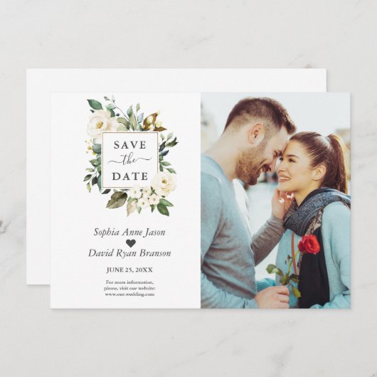 Save The Date Aquarelle délicate Fleurs blanches Mariage photo (Devant / Derrière)