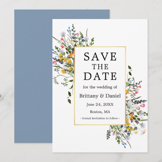 Save The Date Aquarelle Delicy Fleur sauvage Or Dusty Blue (Devant / Derrière)