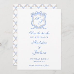 Save The Date Aquarelle Designer Blue Monogram Crest Mariage