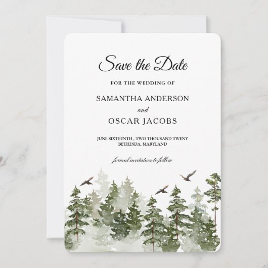 Save The Date Aquarelle d'hiver moderne Forêt verte avec neige (Devant)