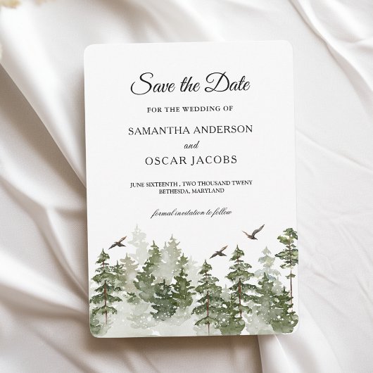 Save The Date Aquarelle d'hiver moderne Forêt verte avec neige