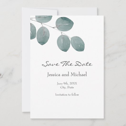 Save The Date Aquarelle Dollar d'argent Feuilles Eucalyptus (Devant)