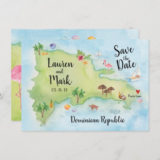 Save The Date Aquarelle Domincan Republic Map Enregistrer la dat (Devant / Derrière)