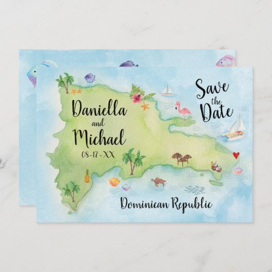 Save The Date Aquarelle Domincan Republic Map Enregistrer la dat (Devant / Derrière)