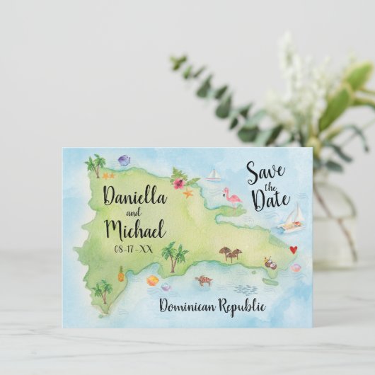 Save The Date Aquarelle Domincan Republic Map Enregistrer la dat (Debout devant)