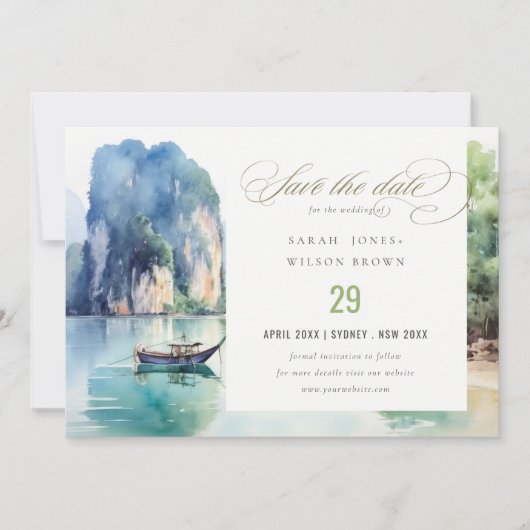 Save The Date Aquarelle douce Côte Thaïlande Mariage marin (Devant)