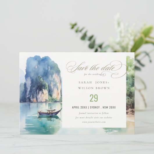 Save The Date Aquarelle douce Côte Thaïlande Mariage marin (Debout devant)