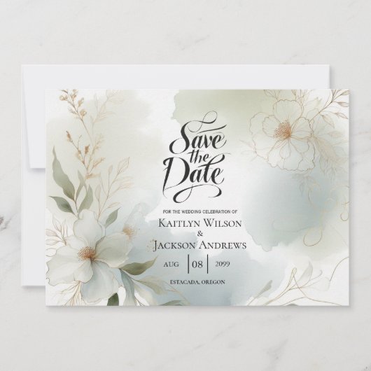 Save The Date Aquarelle douce Mariage vert Sage (Devant)