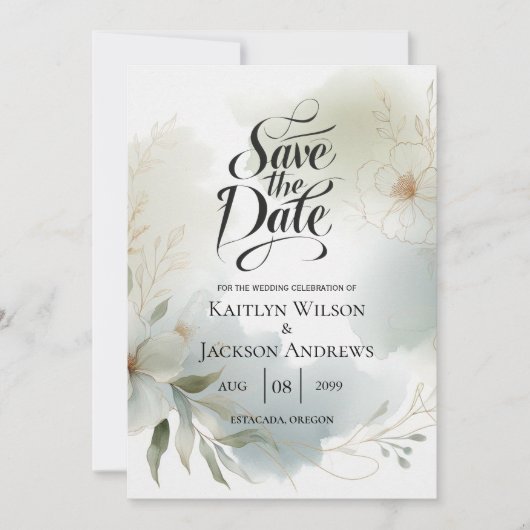 Save The Date Aquarelle douce Mariage vert Sage (Devant)