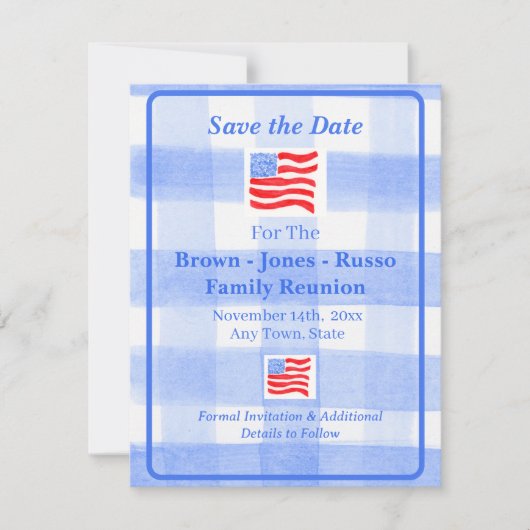 Save The Date Aquarelle Drapeau USA Vérification Bleue SAUVEGARD (Devant)