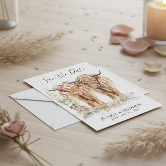 Save The Date Aquarelle du Mariage de vache Highland