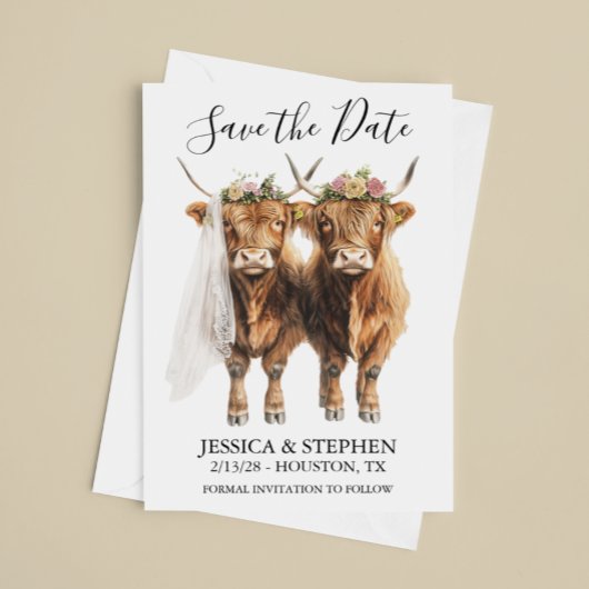 Save The Date Aquarelle du Mariage de vache Highland