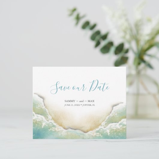 Save The Date Aquarelle du rivage de plage Enregistrer la date (Debout devant)