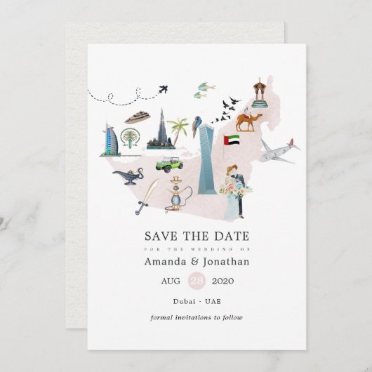 Save The Date Aquarelle Dubai EAU Destination Mariage Enregistre (Devant / Derrière)