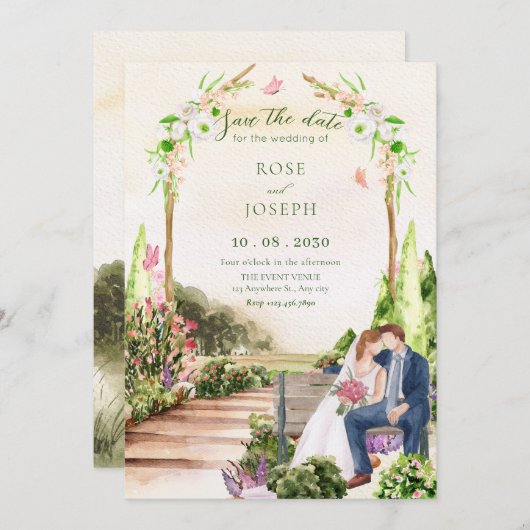 Save The Date Aquarelle esthétique jardin couple mariage (Devant / Derrière)