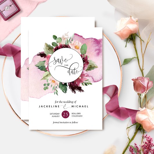 Save The Date Aquarelle et Mariage floral Berry et Blush