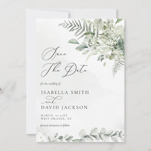 Save The Date Aquarelle Eucalyptus Feuillage Verdure Vert Sauge (Devant)