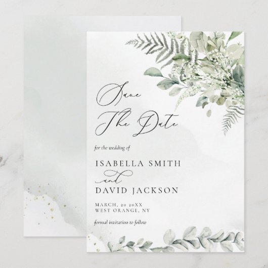Save The Date Aquarelle Eucalyptus Feuillage Verdure Vert Sauge (Devant / Derrière)