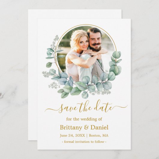 Save The Date Aquarelle Eucalyptus Feuille cadre rond Or (Devant / Derrière)